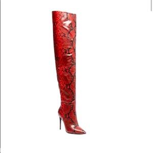 Winnie Harlow red snake skin thigh high boot